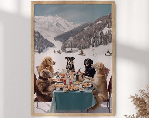 Dogs in a Ski Resort Poster, Funny Skiing Art