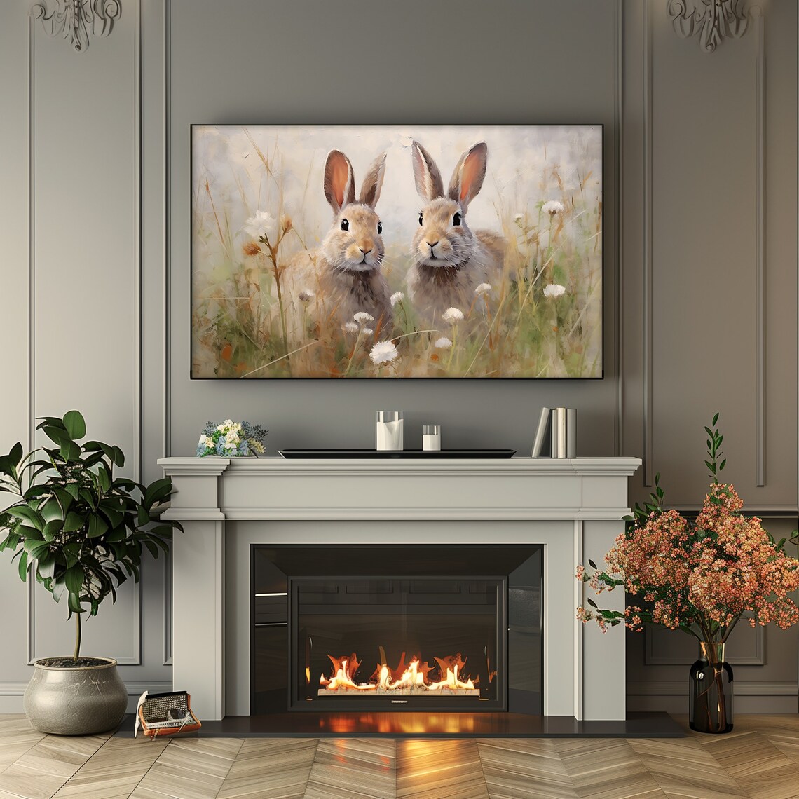 Two Bunnies Soft Wildflower Meadow Watercolor Spring Wall Art Print - Image 2