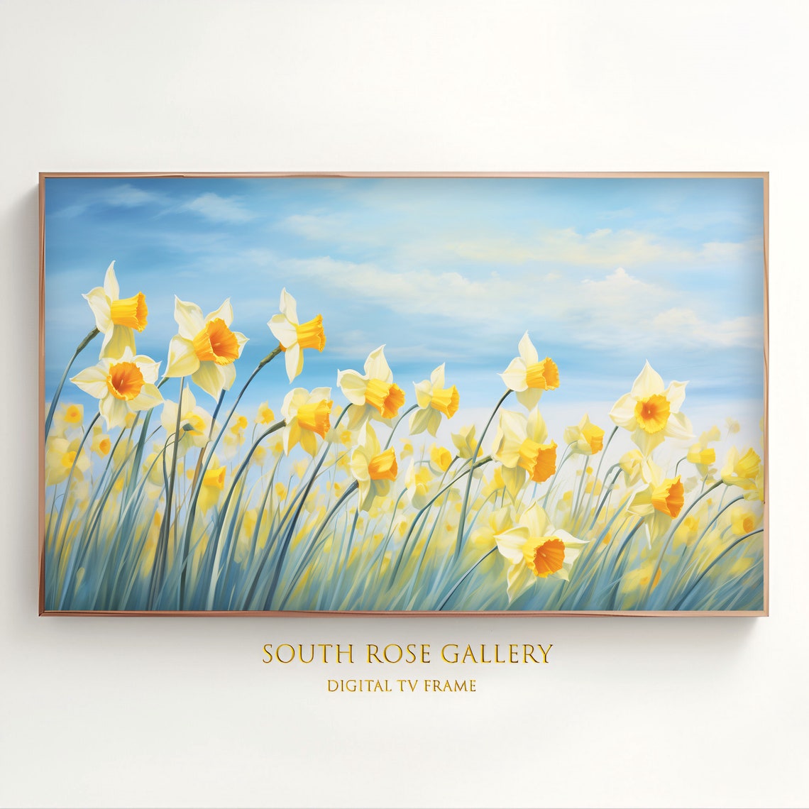 Yellow White Daffodil Field Blue Sky Spring Flower Landscape Poster