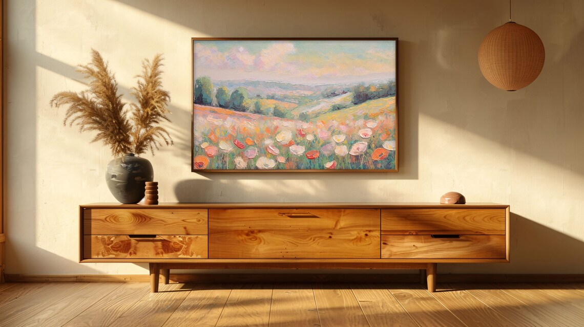 Red Orange Poppy Flower Meadow Rolling Hills Pastel Landscape Poster - Image 2