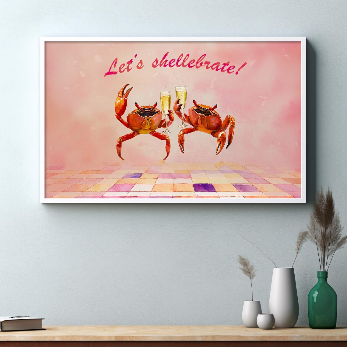 Let's Shellebrate Crab Toast Champagne Pink Watercolor Party Poster - Image 2