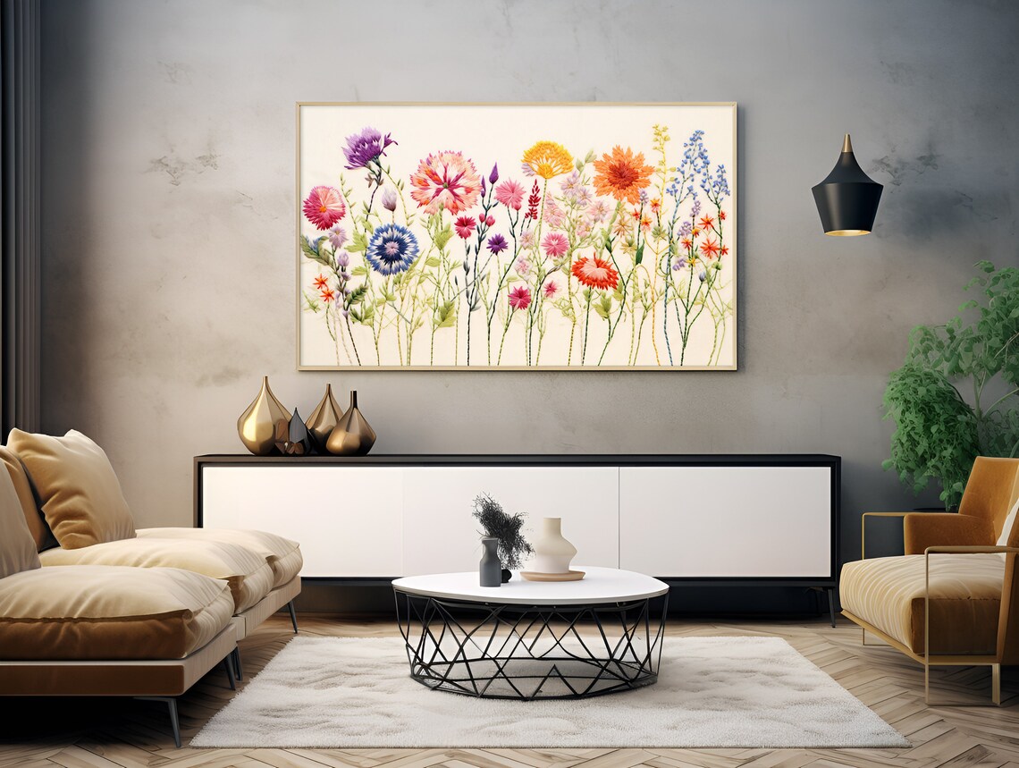 Spring Frame TV Art, Botanical Floral Embroidery - Image 2