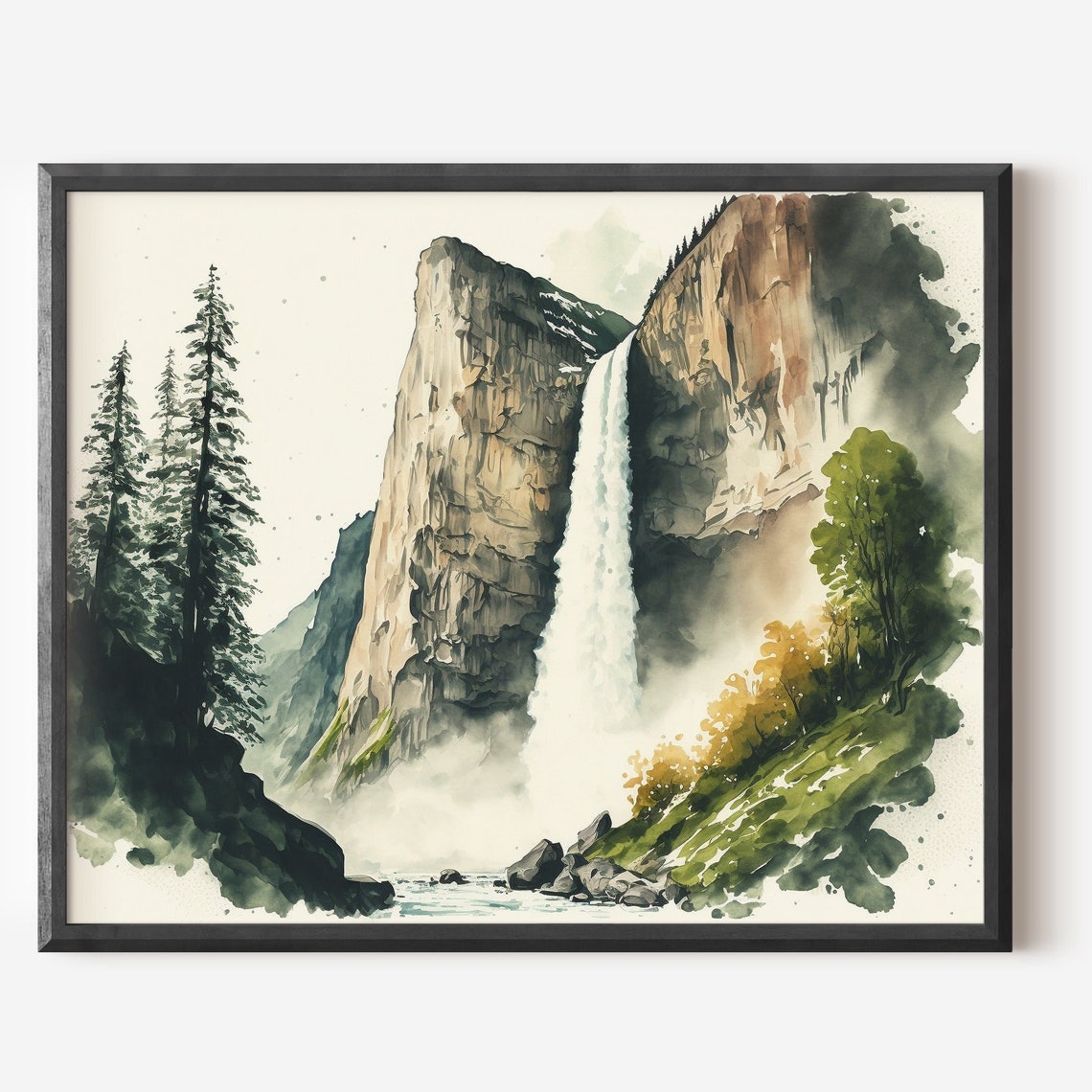 Swiss Waterfall Granite Cliffs Pine Trees Watercolor Nature Poster