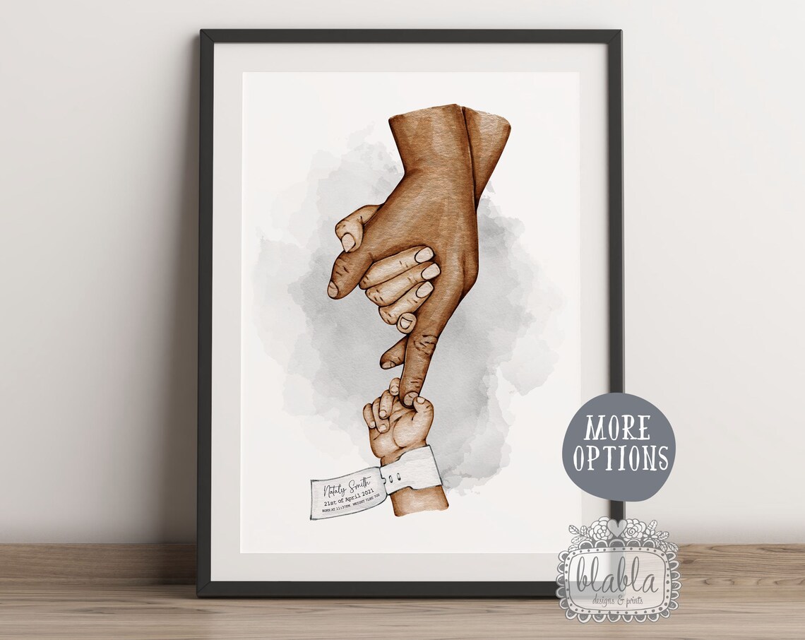 Watercolour Mother And Baby Hands Birth Detail Keepsake Print