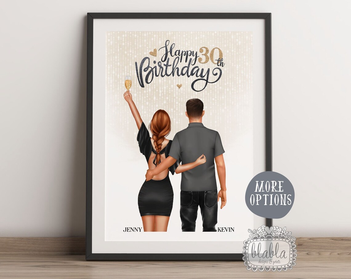 Personalised Happy 30th Birthday Couple Poster With Champagne Toast