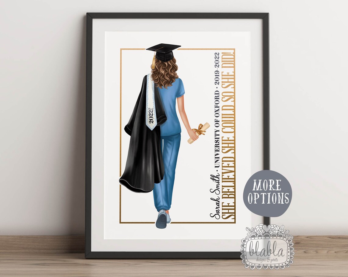 Personalised 2022 Nurse Graduation Poster in Blue Scrubs and Gown