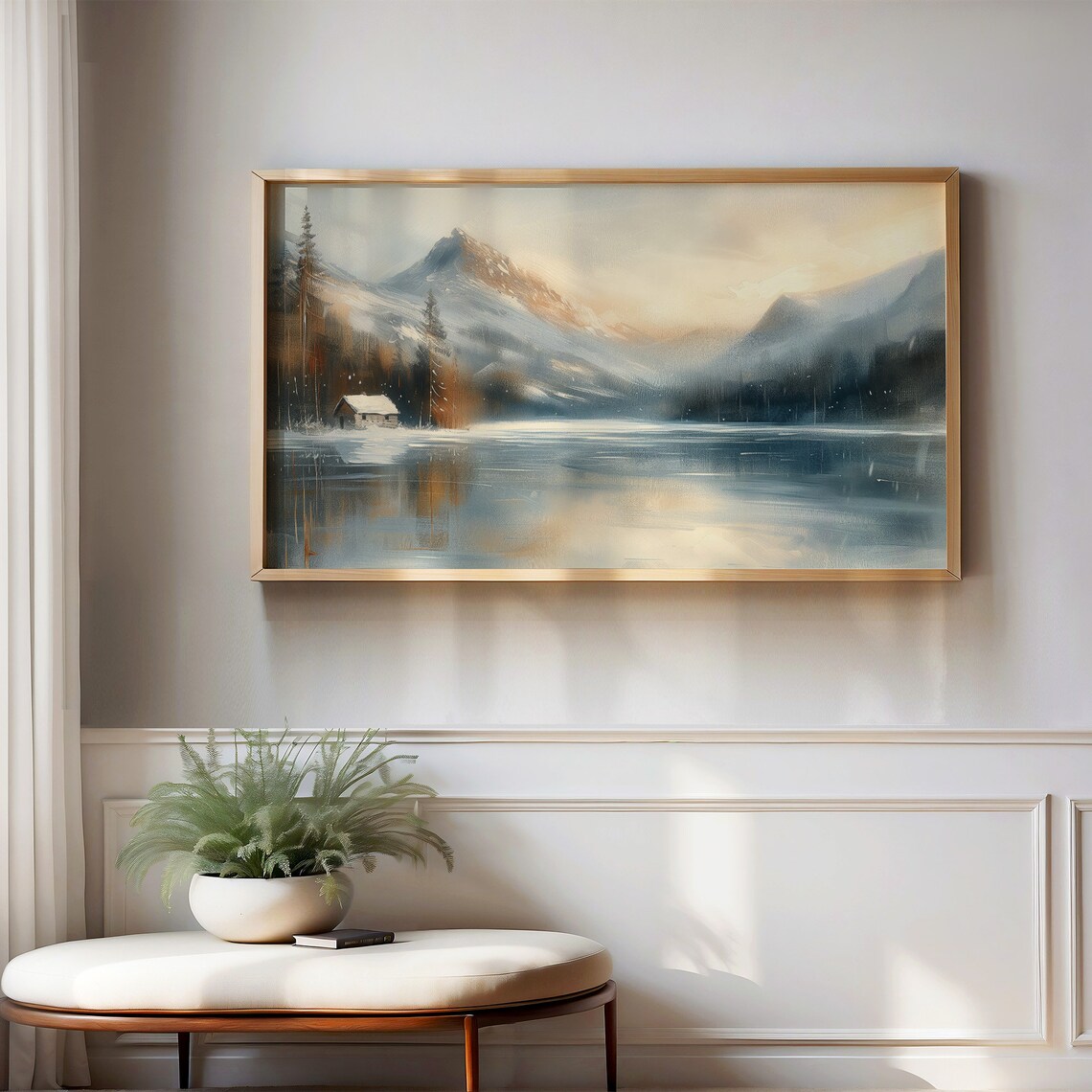 Snowy Lake Cabin Mountain Pines Winter Reflection Vintage Landscape Poster - Image 2