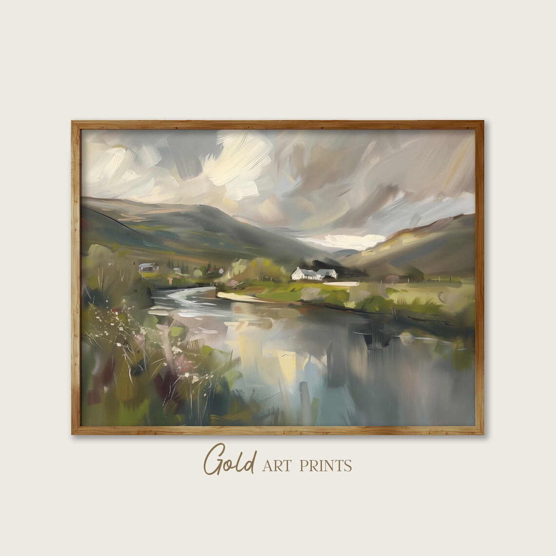 Quiet River Valley Cottage Green Hills Reflective Oil Painting Poster
