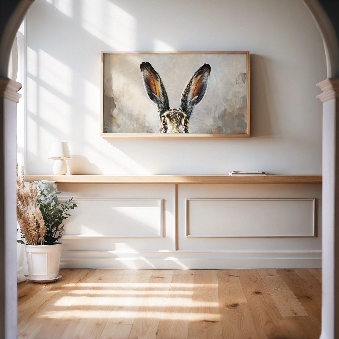 Curious Hare Peeking Ears and Eyes Playful Oil Painting Poster - Image 2