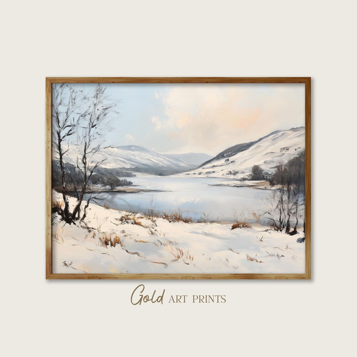 Winter Snow Lake Valley Bare Trees Pastel Sky Oil Painting Poster