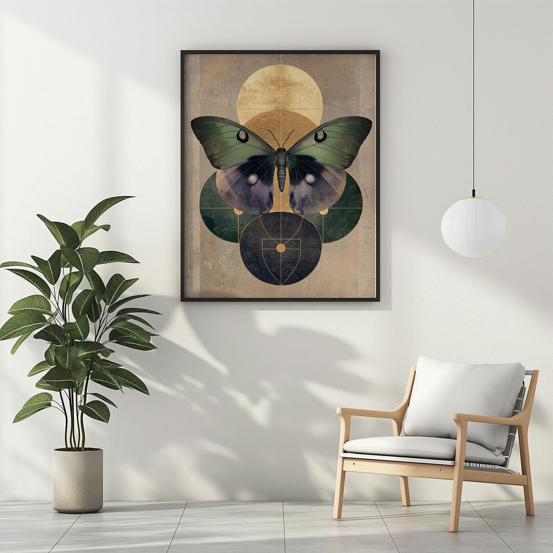 Green Moth with Golden Moon Circles Dark Academia Botanical Poster - Image 2