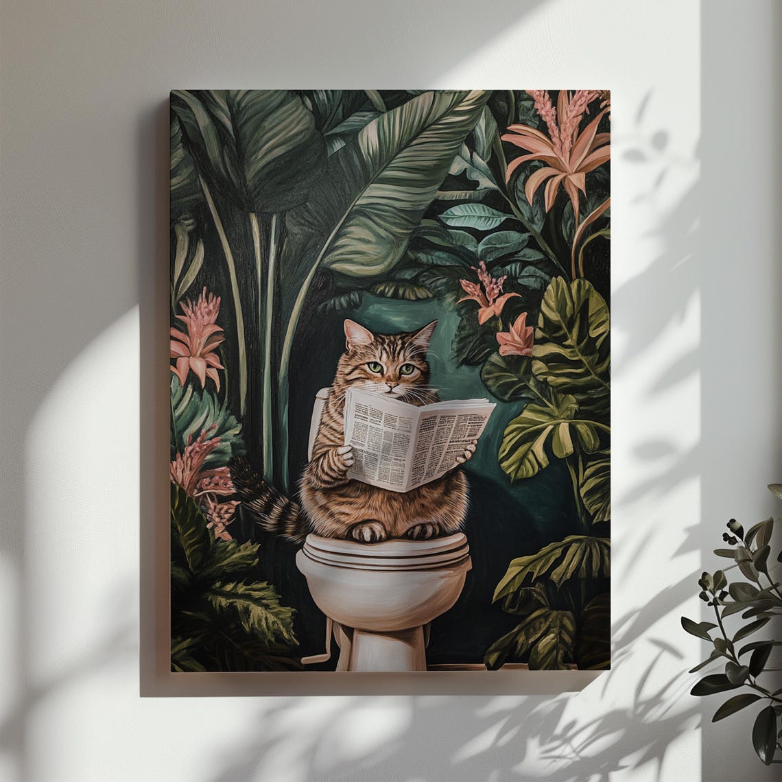 Curious Tabby Cat on Toilet With Newspaper Dark Botanical Poster - Image 2