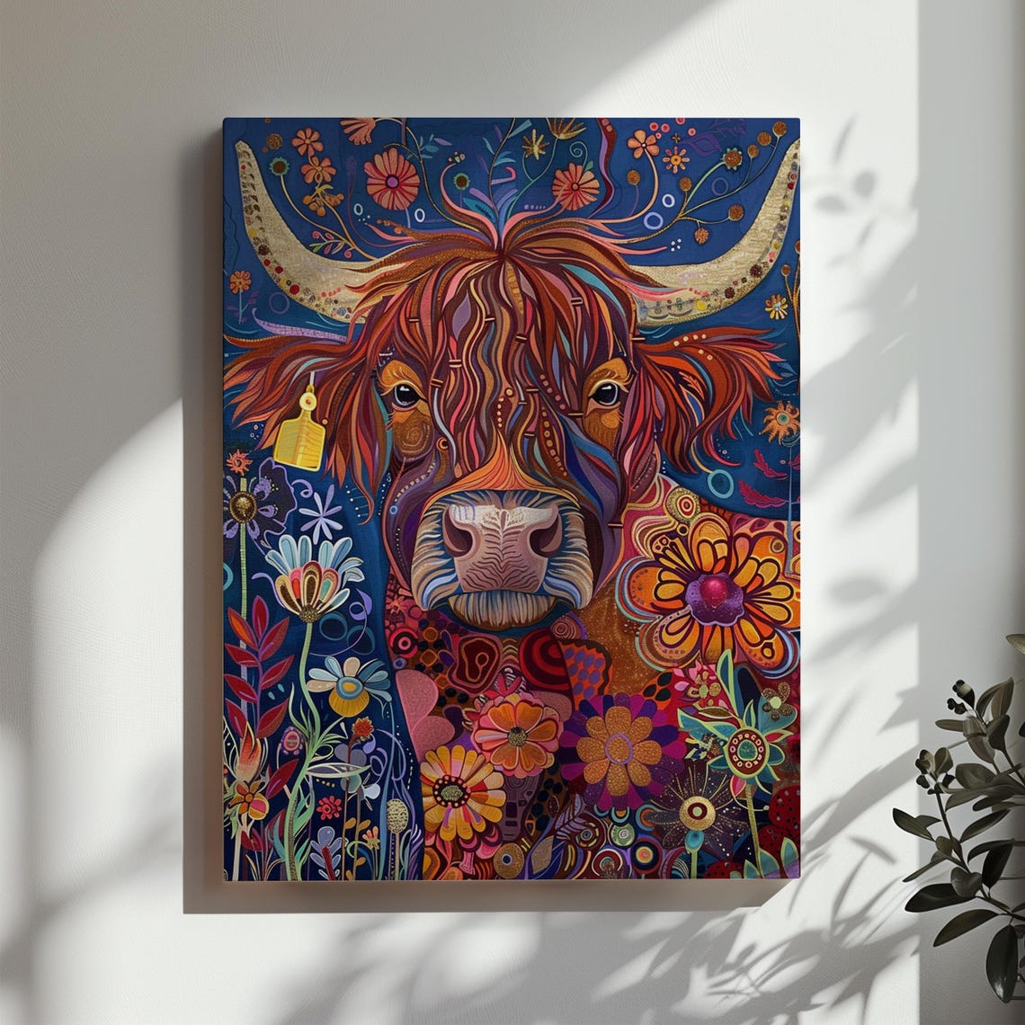 Colorful Folk Art Highland Cow With Flowers on Deep Blue Poster - Image 3