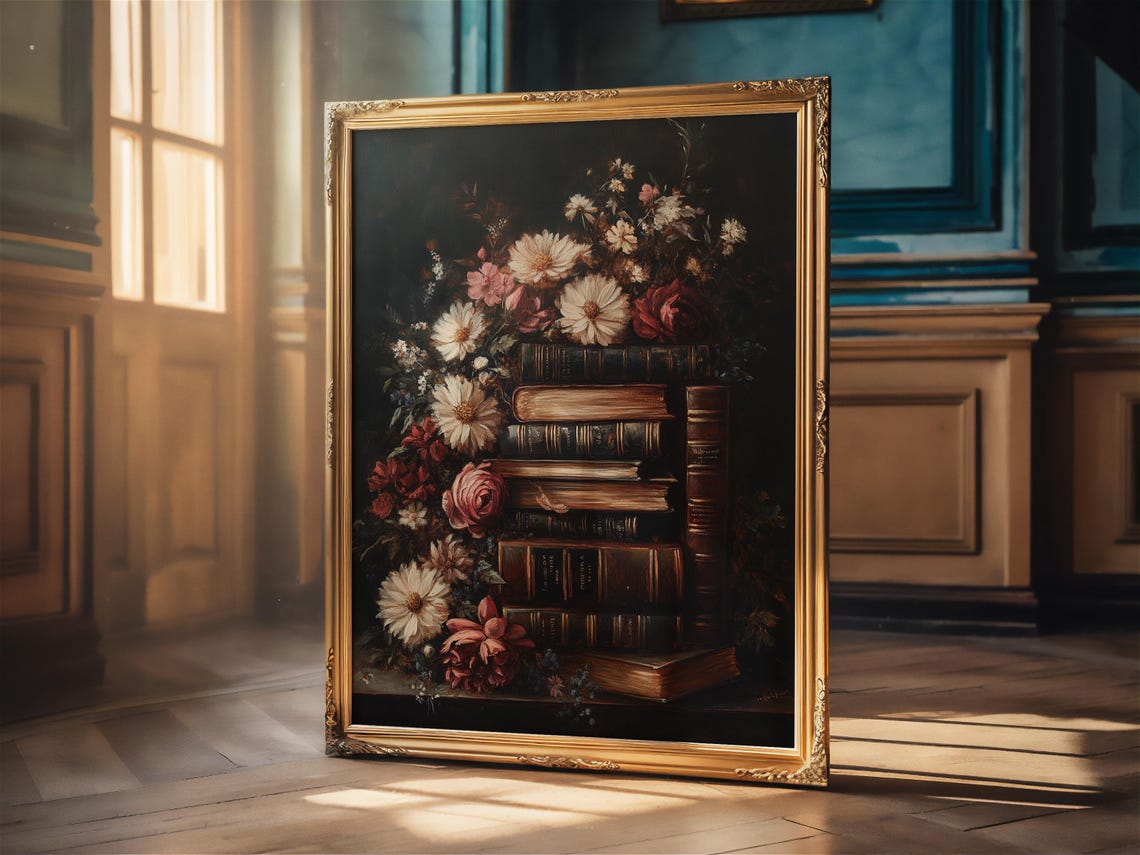 Antique Books with Wildflowers Dark Academia Still Life Poster - Image 3