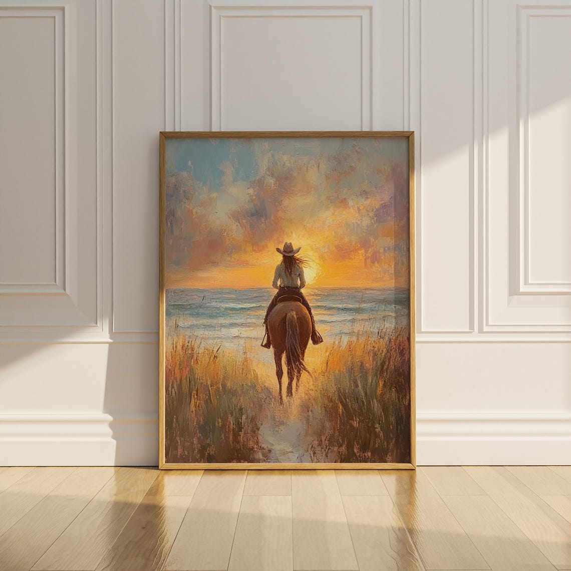 Cowgirl Poster Print Wall Art Coastal Horse Riding Beach Sunset Wall Decor Vintage Oil Painting Cowboy Preppy Room Western Matte Poster - Image 2