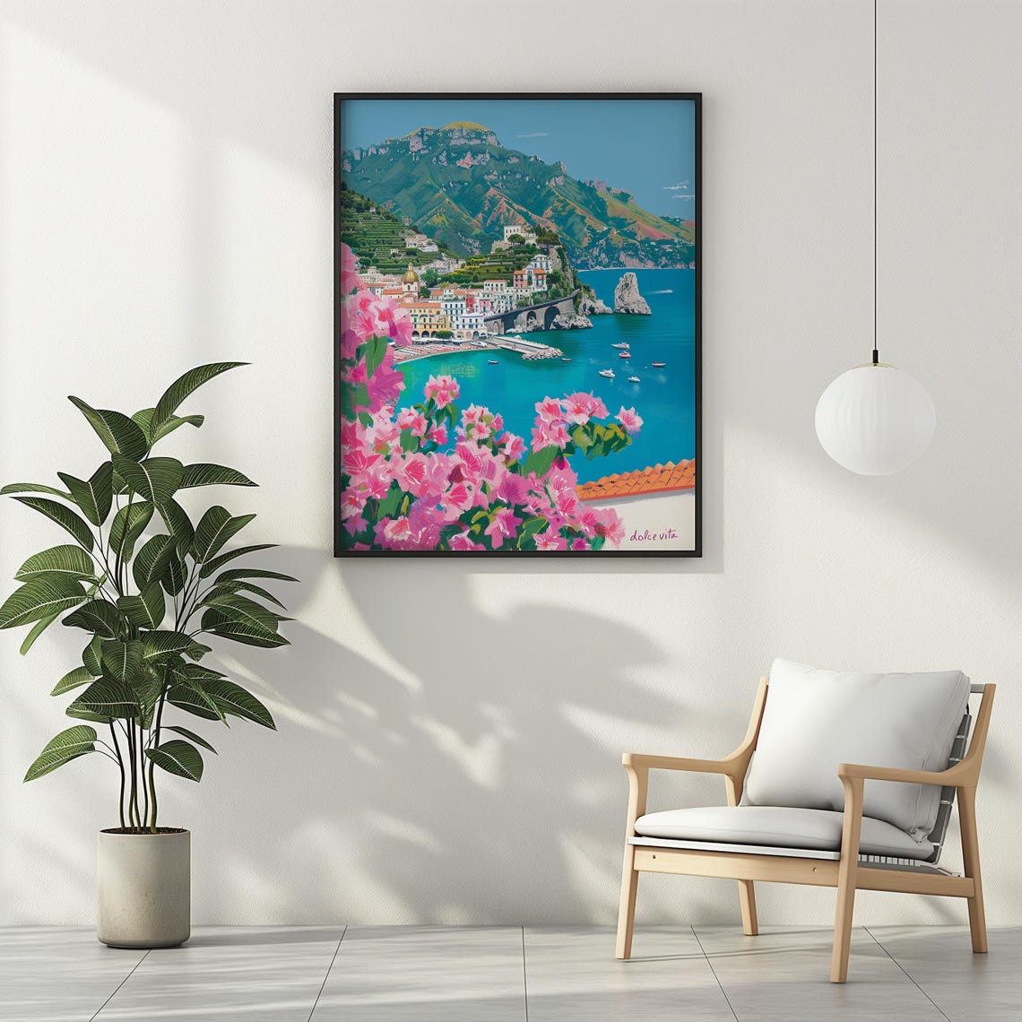 La Dolce Vita Amalfi Coast Pink Bougainvillea Vintage Travel Poster - Image 3