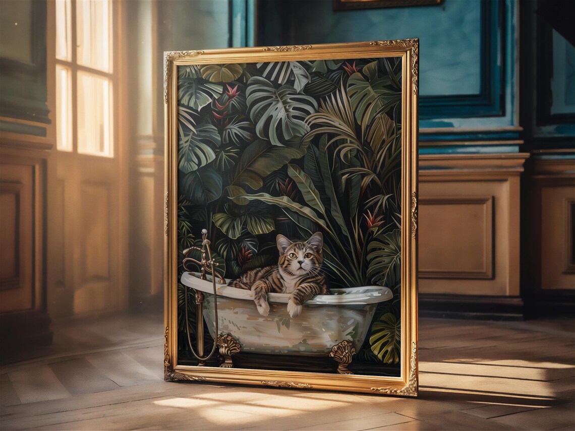 Relaxed Tabby Cat in Vintage Bathtub Surrounded by Jungle Leaves Poster - Image 2