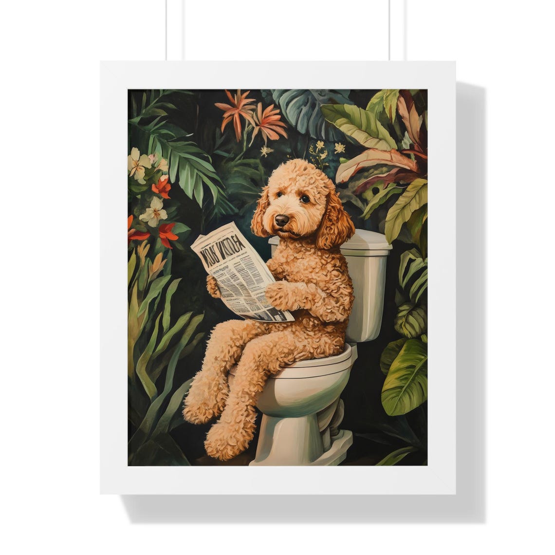 Funny Goldendoodle on Toilet Reading Newspaper Botanical Dog Poster - Image 2