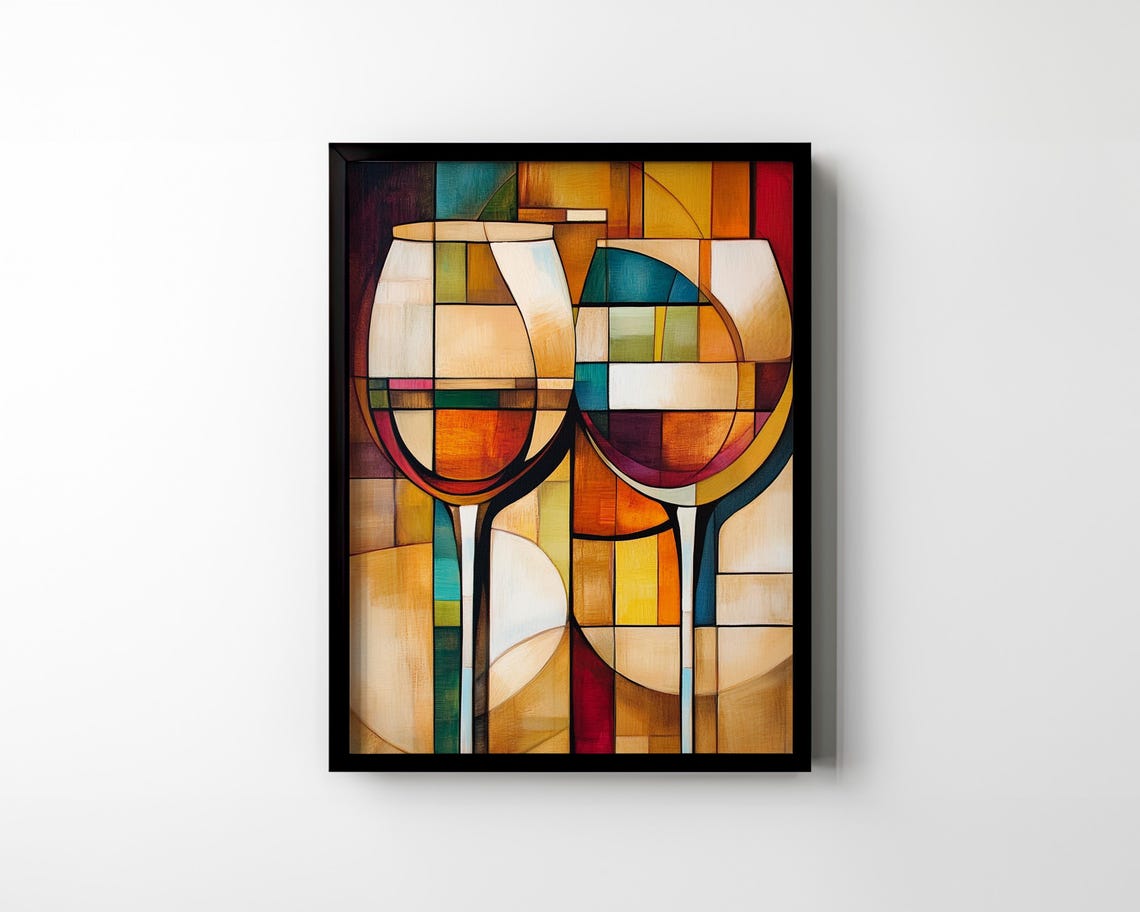 Cubist Wine Glasses in Warm Amber Stained Glass Mosaic Art Poster - Image 2