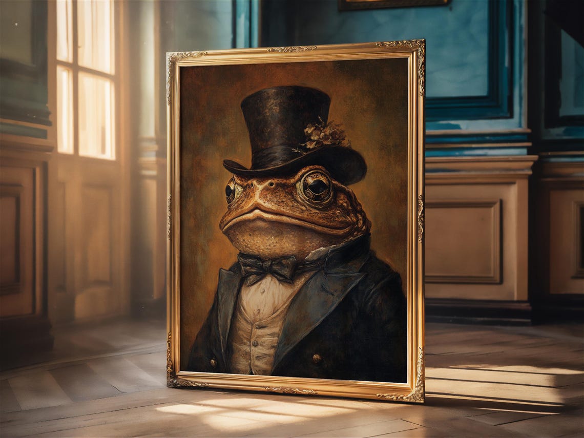 Gentleman Toad In Top Hat And Bow Tie Dark Vintage Oil Portrait Poster - Image 2