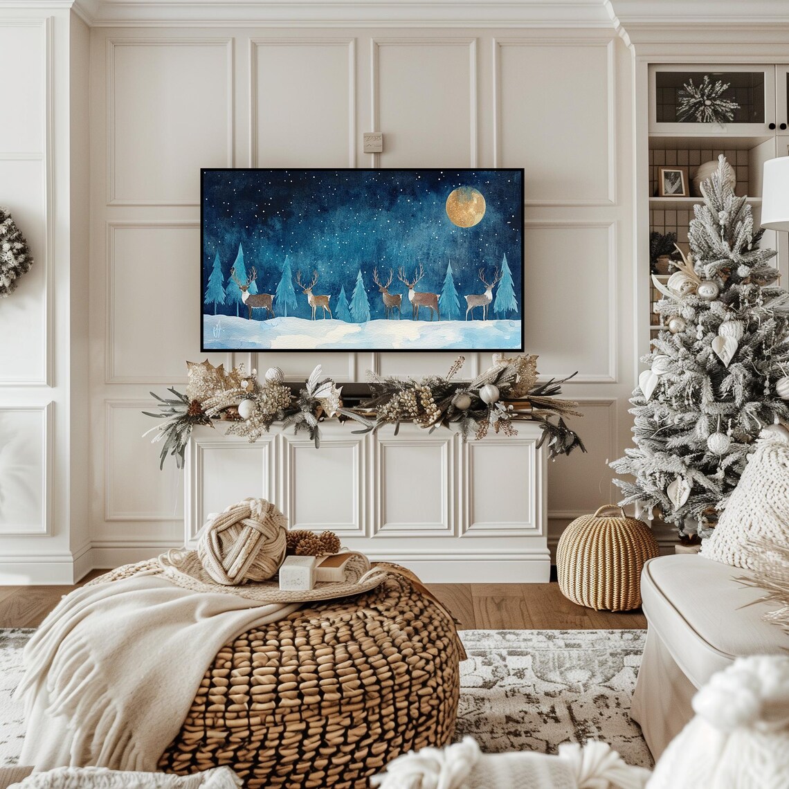 Christmas Reindeer Frame Tv Art Reindeers Snowy Landscape Minimalist Watercolor Painting Winter Farmhouse Holiday Xmas - Image 3