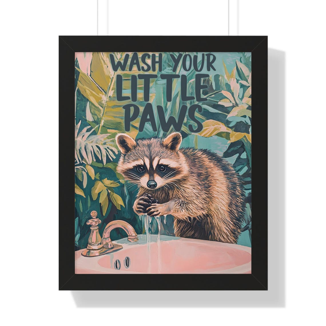 Wash Your Little Paws Raccoon at Pink Sink Tropical Art Poster - Image 3
