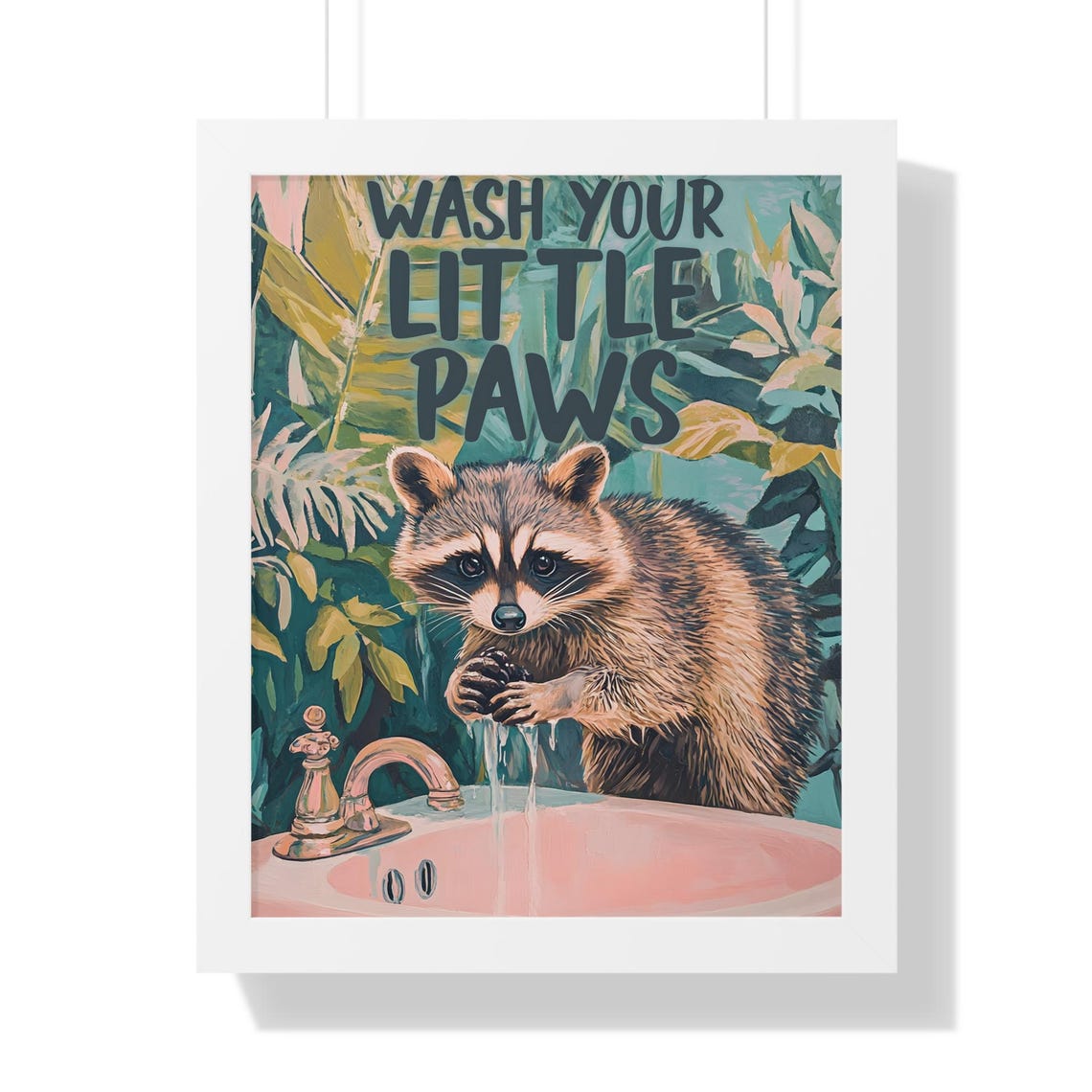 Wash Your Little Paws Raccoon at Pink Sink Tropical Art Poster - Image 2