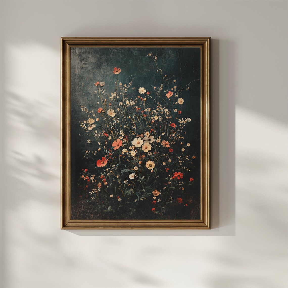 Moody Wildflower Bouquet Dark Background Vintage Oil Painting Poster - Image 2
