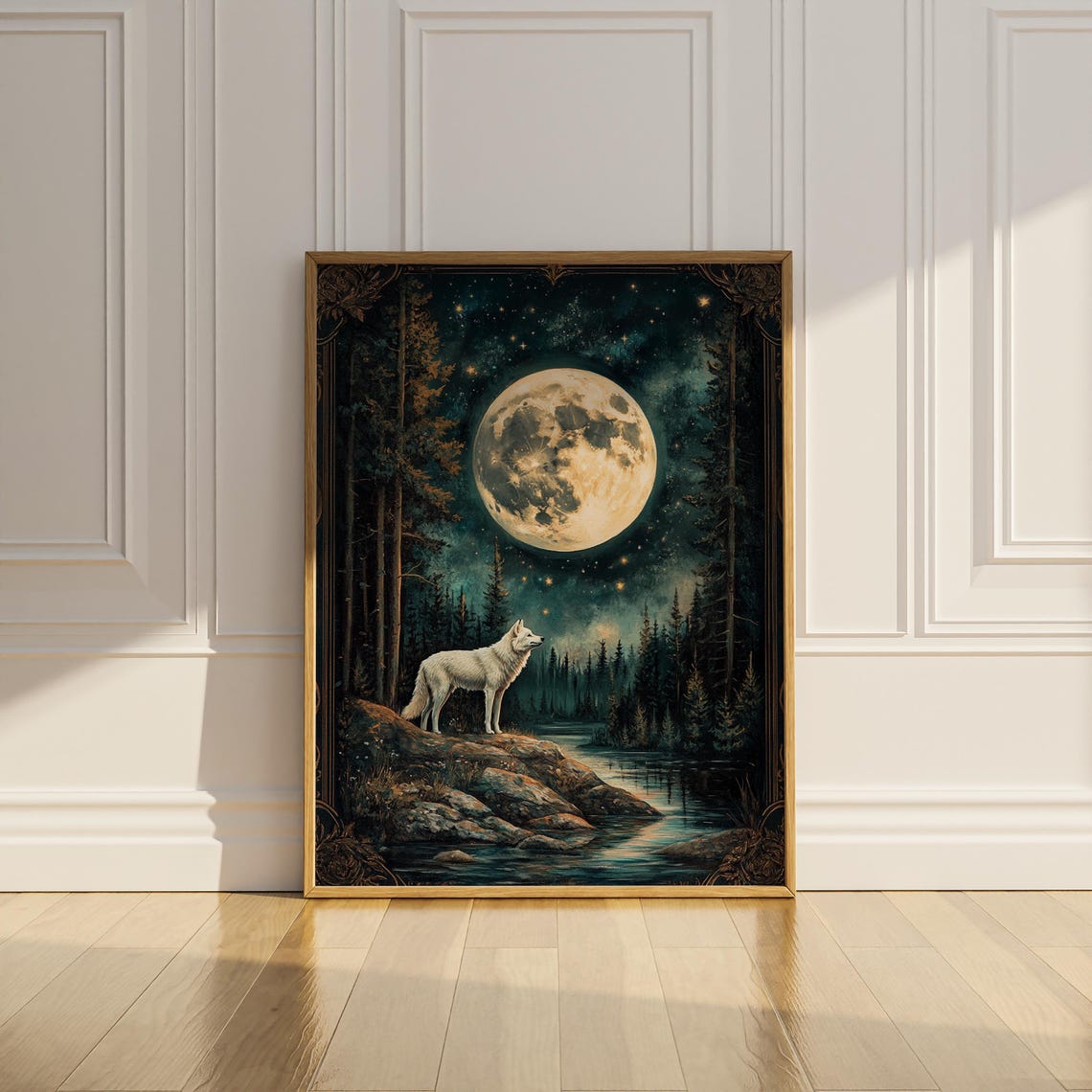 White Wolf on Moonlit Rocks by a Forest River Night Art Poster - Image 2
