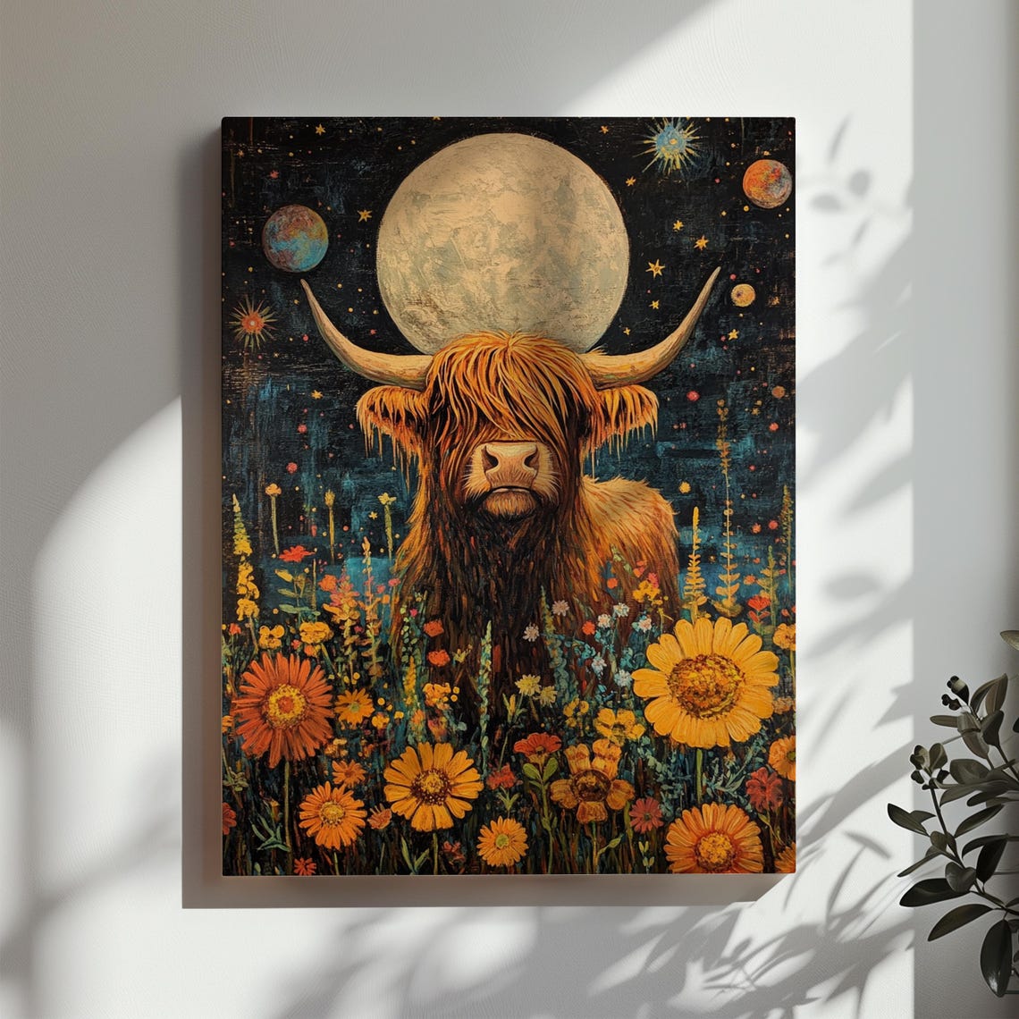 Cosmic Highland Cow Full Moon Night Sky Sunflower Meadow Poster - Image 3