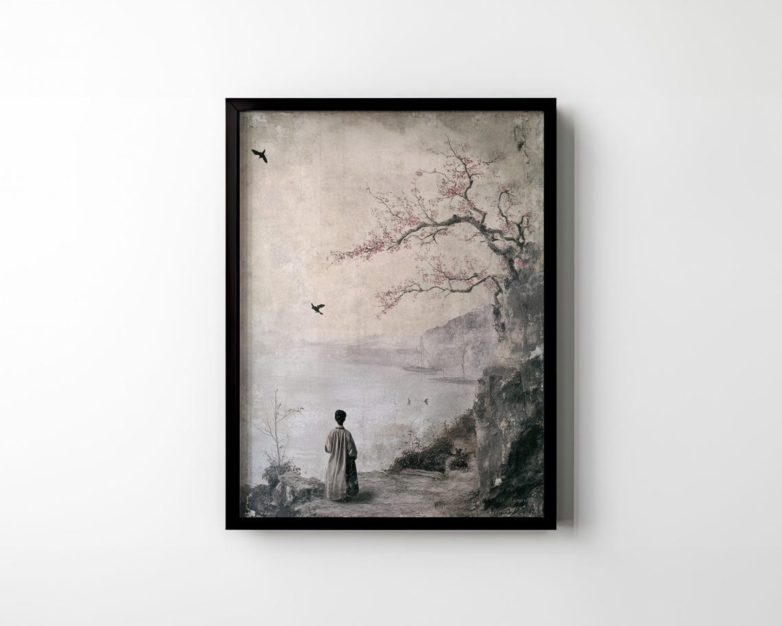 Lakeside Figure and Cherry Blossom Branch Vintage Japanese Ink Poster - Image 2