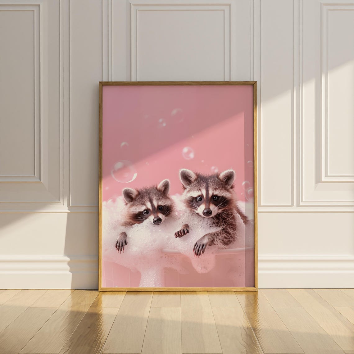 Two Baby Raccoons In Pink Bubble Bath Funny Bathroom Wall Art Poster - Image 2