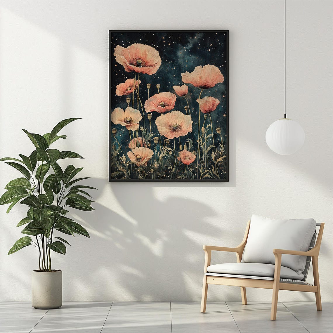 Blush Pink Poppies Against Starry Midnight Sky Botanical Poster - Image 3