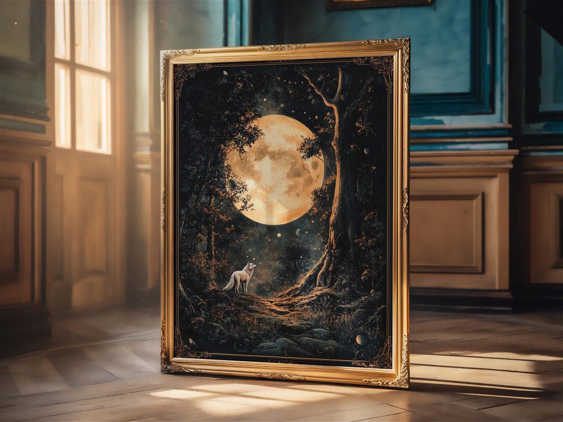 White Wolf under a Golden Full Moon in a Dark Forest Art Poster - Image 2