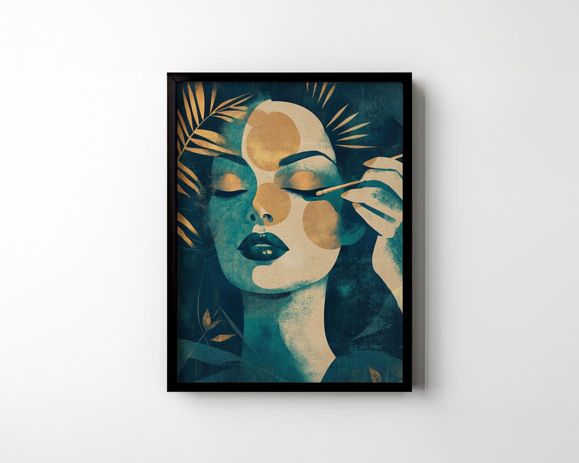Art Deco Beauty Portrait With Gold Palm Fronds Teal Style Poster - Image 2