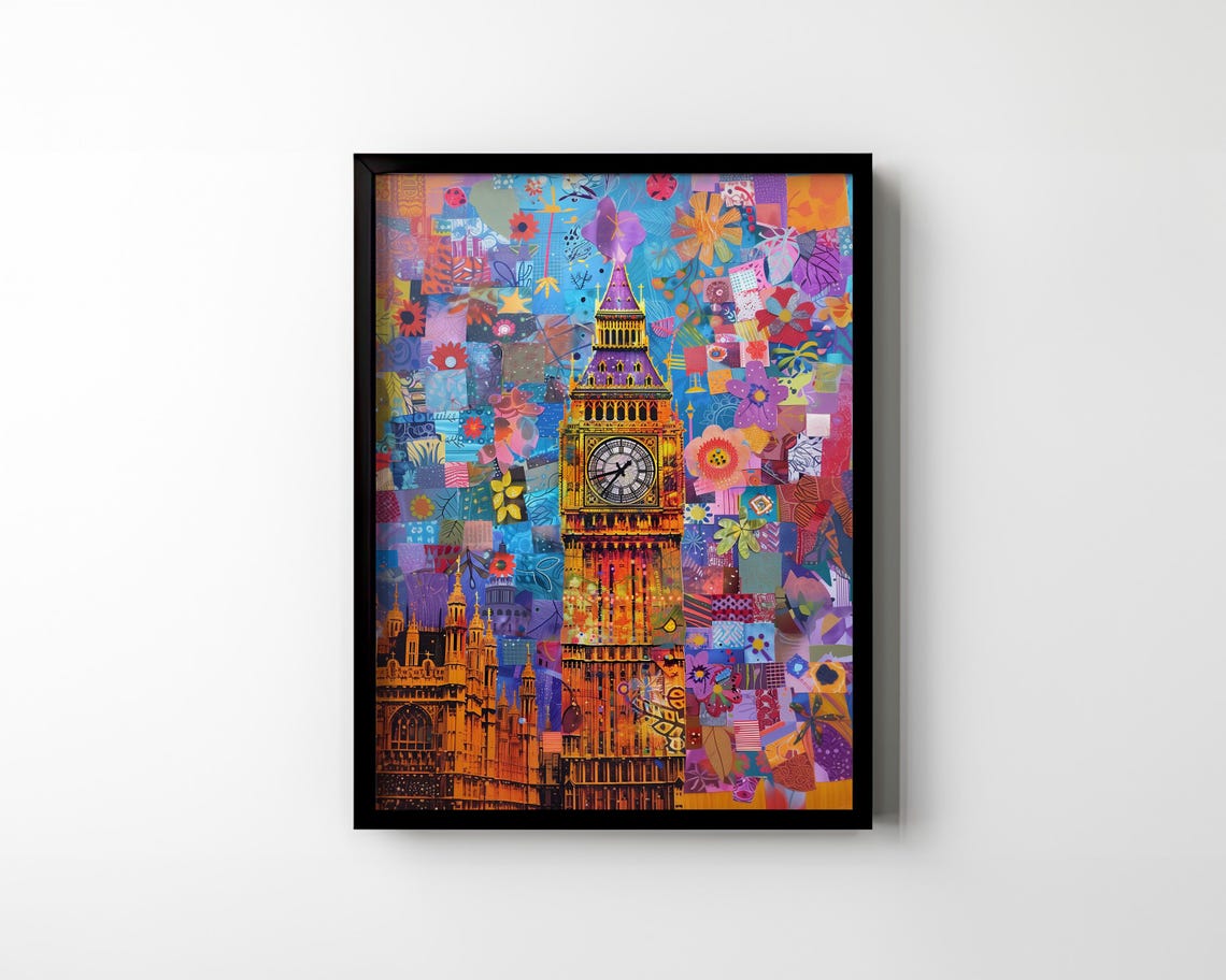 Big Ben London Vibrant Patchwork Floral City Landmark Art Poster - Image 2