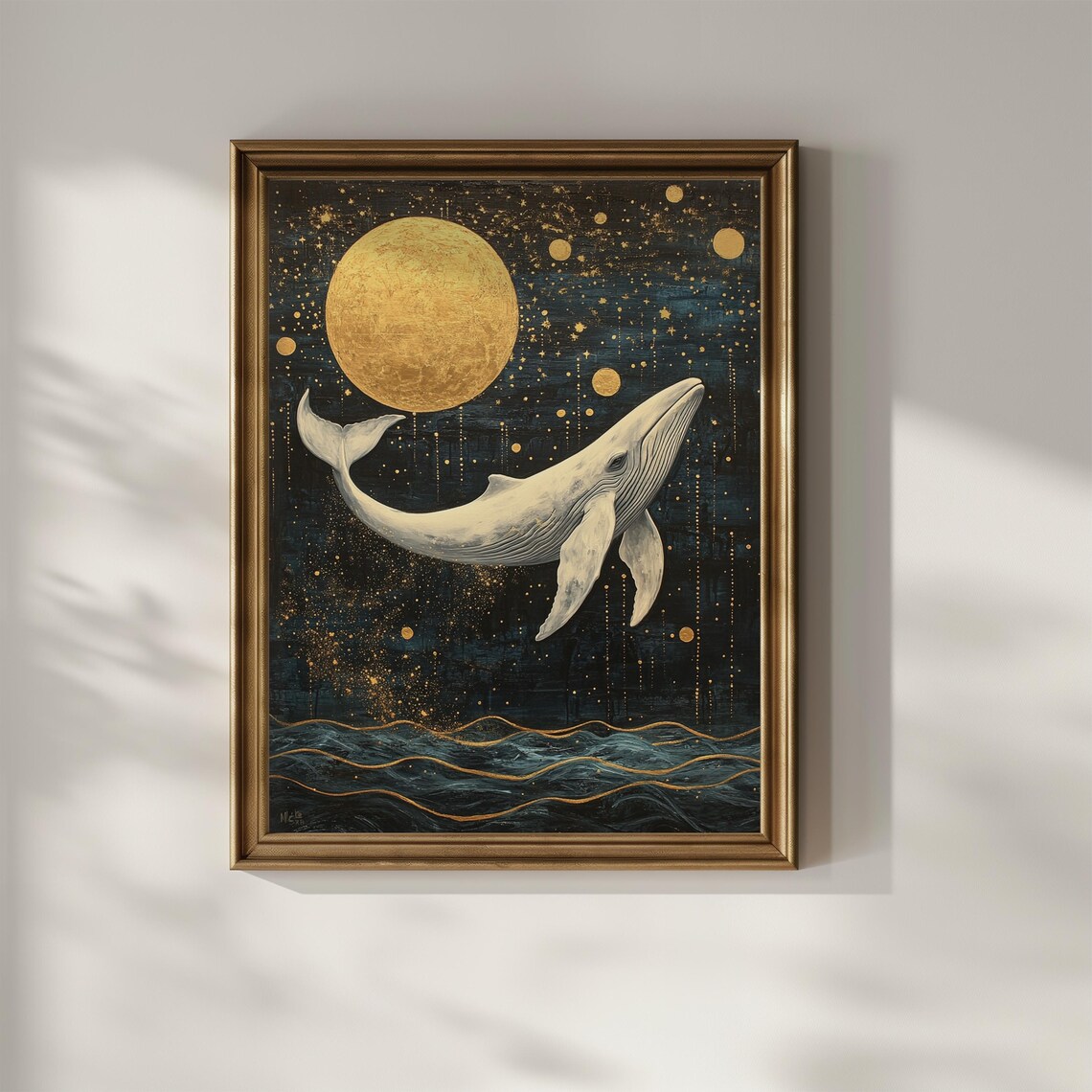 White Whale Swimming in Starry Night Sky Golden Moon Art Print - Image 2