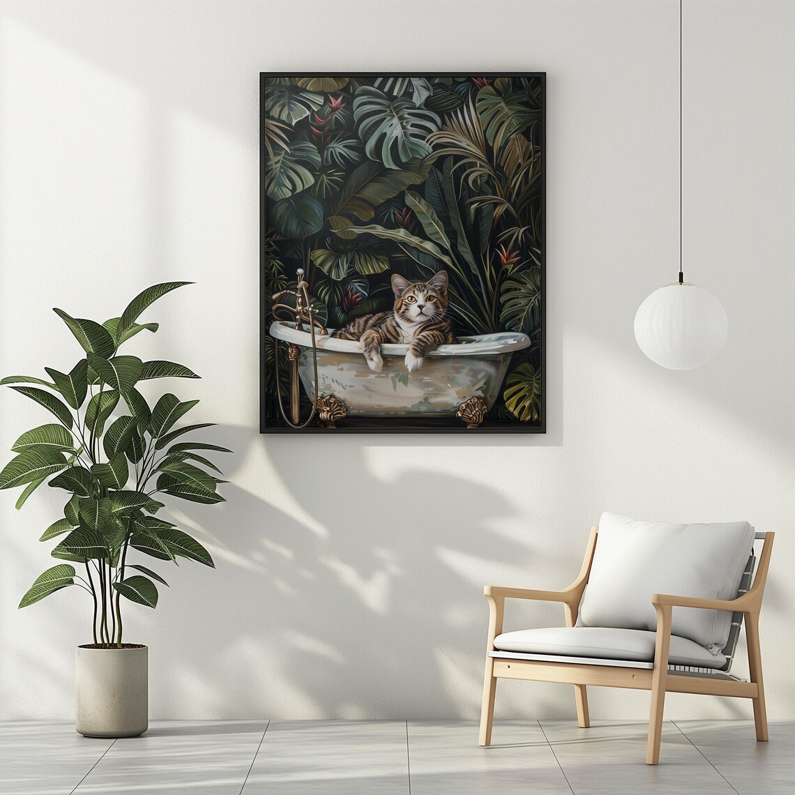 Relaxed Tabby Cat in Vintage Bathtub Surrounded by Jungle Leaves Poster - Image 3