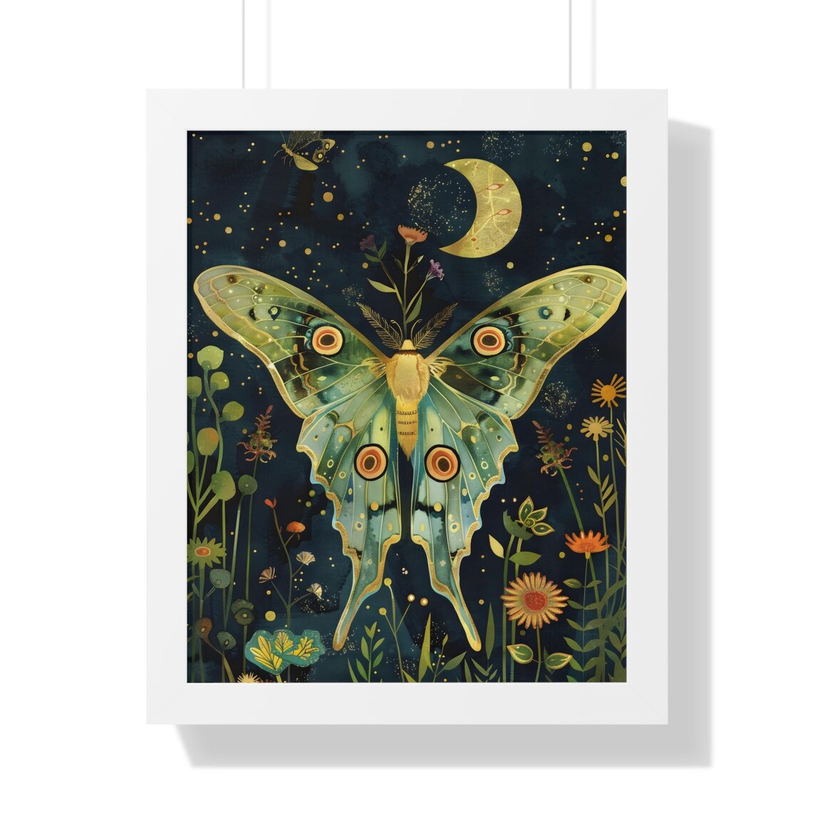 Luna Moth and Golden Crescent Moon Dark Starry Night Botanical Poster - Image 3