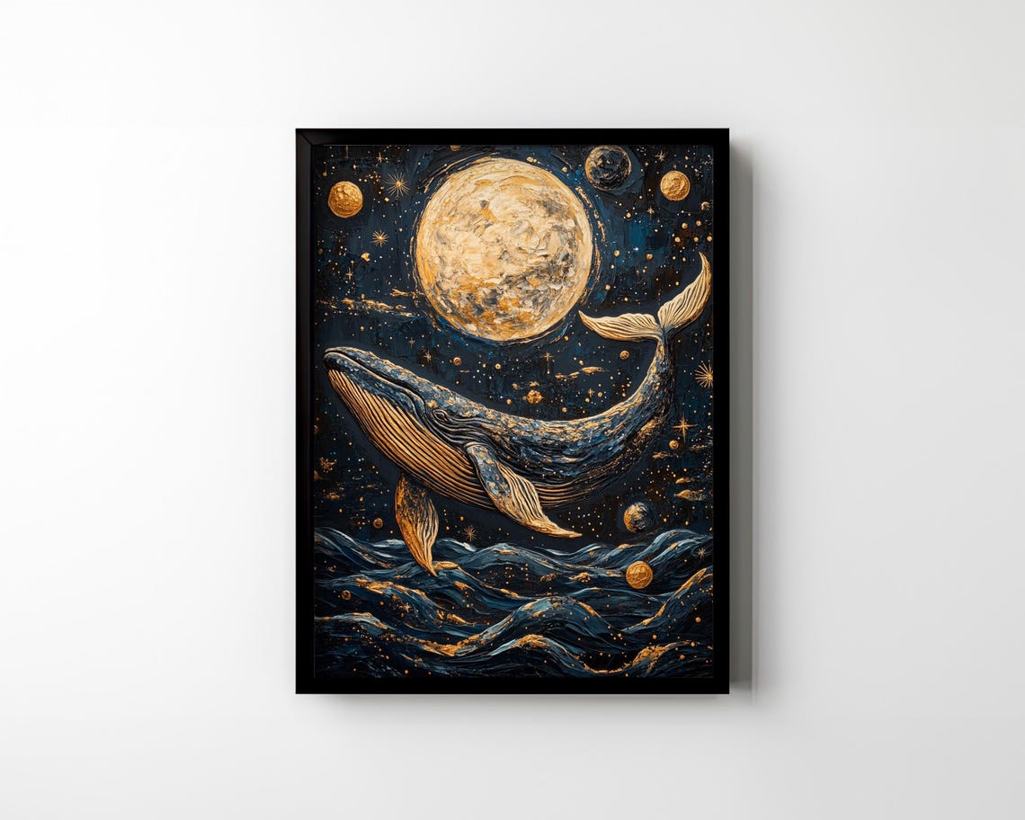 Golden Whale Leaping Under Full Moon Starry Ocean Night Wall Art - Image 2
