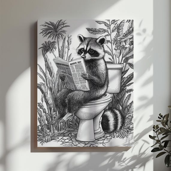 Raccoon Toilet Print Funny Animal Bathroom Wall Art Tropical Plants Raccoon Lover Gift Bathroom Restroom Wall Art Matte