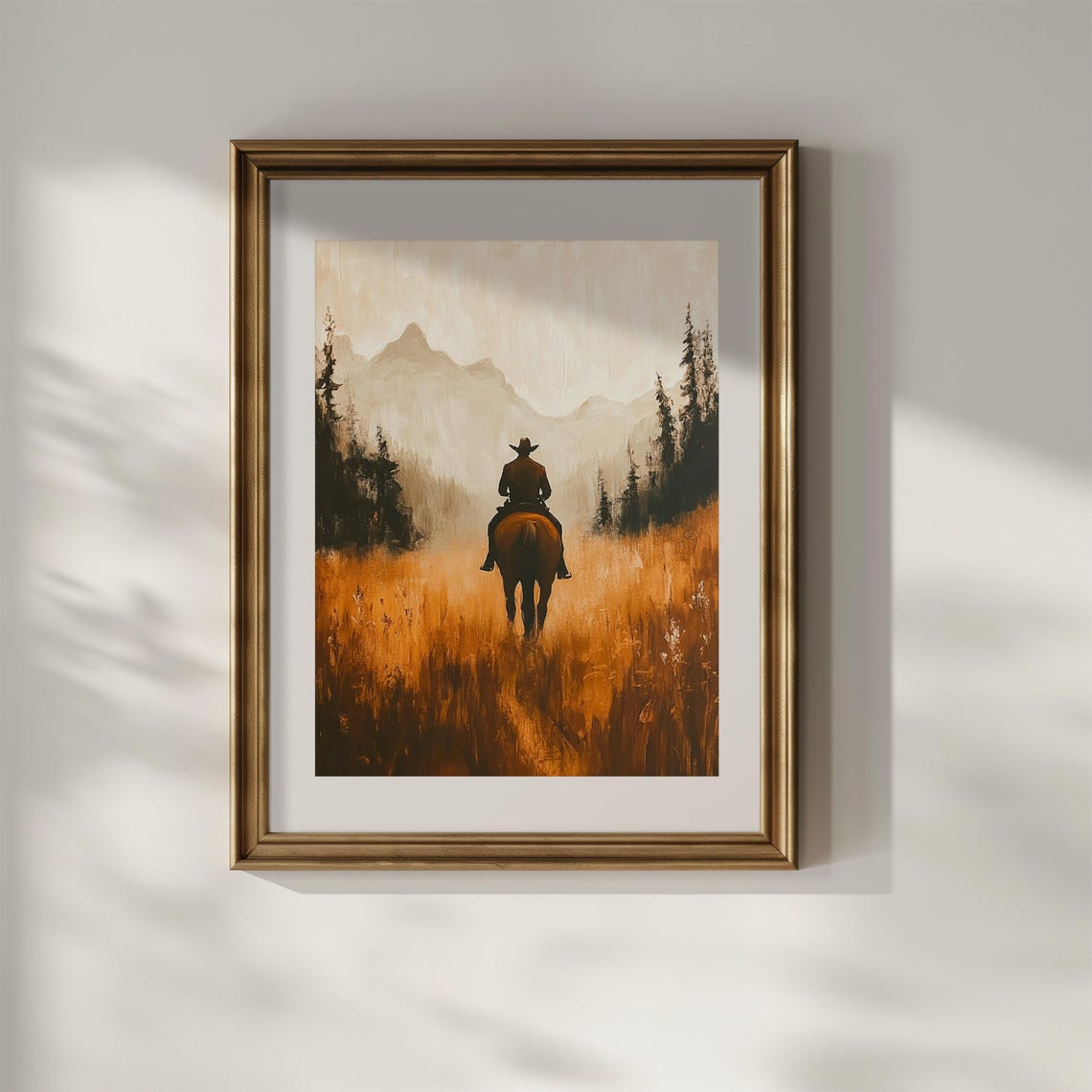 Cowboy Riding Toward Mountains in Golden Wheat Field Wall Art - Image 2