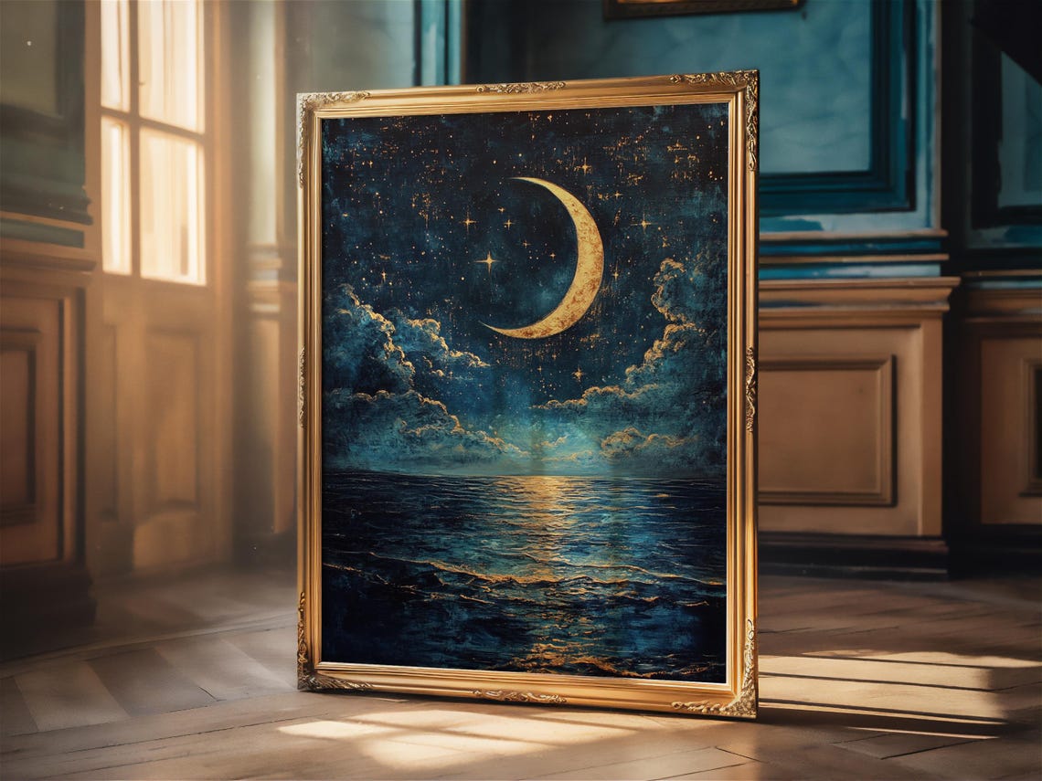 Golden Crescent Moon Rising Over Ocean Clouds Starry Wall Art - Image 2
