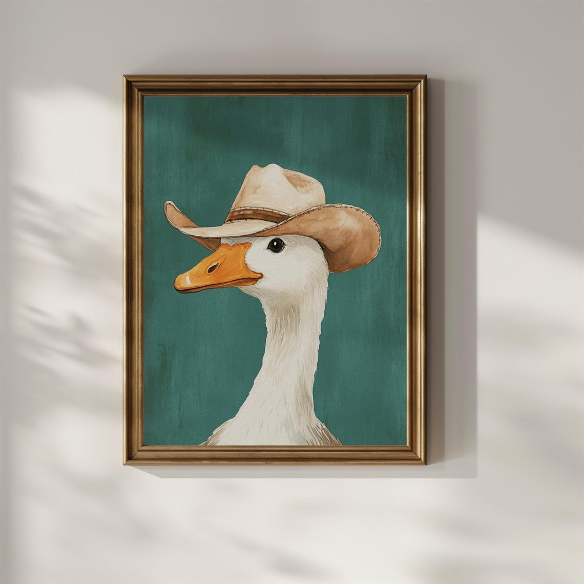 Silly Cowboy Goose Wearing Cowboy Hat Cute Green Watercolor Art Poster - Image 2