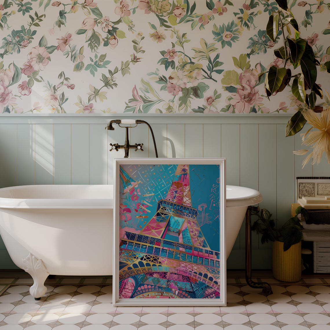Pop Art Eiffel Tower Poster Bold Turquoise Pink Gold Paris Decor - Image 3