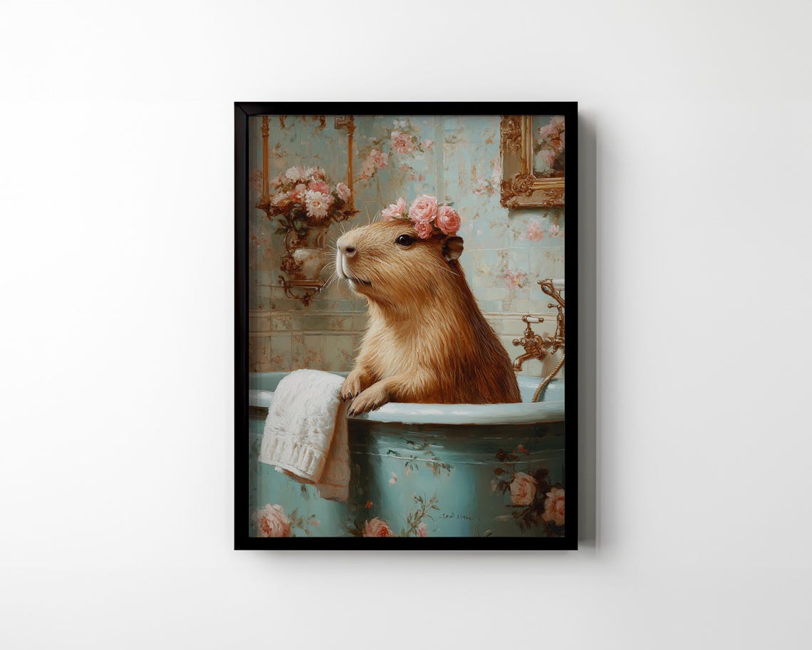 Capybara with Pink Rose Crown Relaxing in Vintage Bathtub Art Poster - Image 2