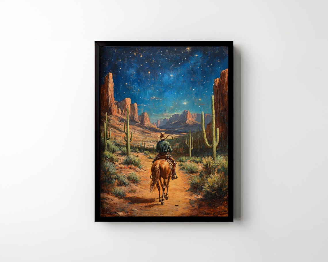 Cowboy Riding Through Desert Canyon Under Starry Night Sky Poster - Image 2