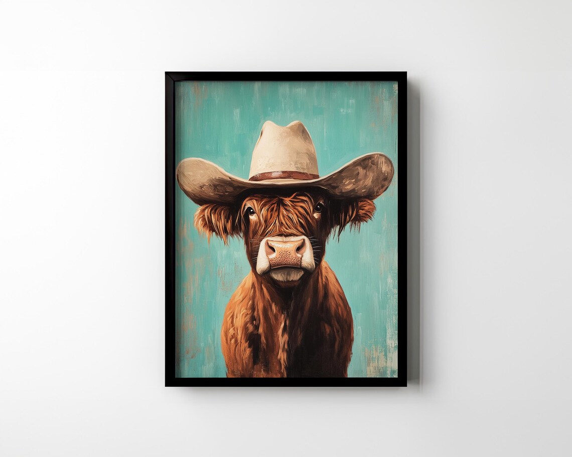 Highland Cow Wearing Cowboy Hat Funny Western Teal Farmhouse Poster - Image 3