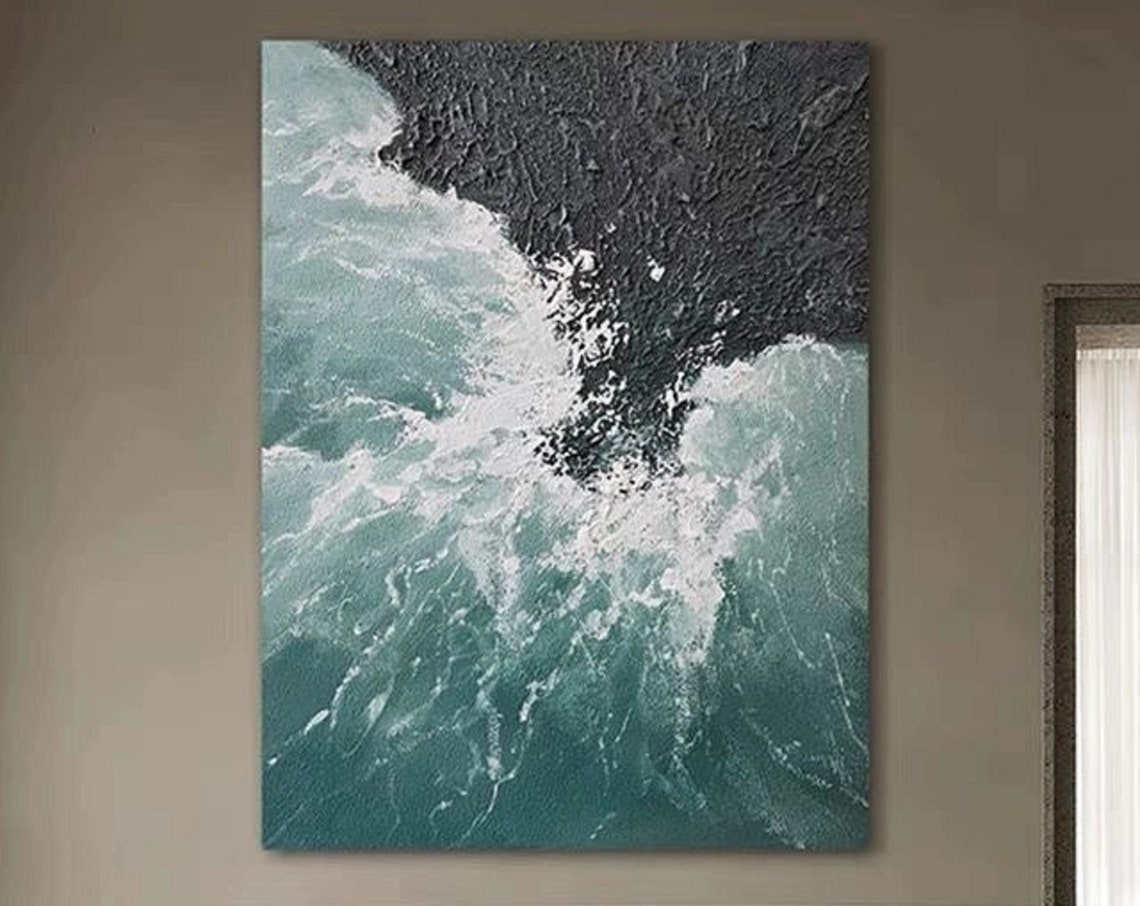 Teal Ocean Waves Crashing On Dark Rock Coastal Sea Art Poster