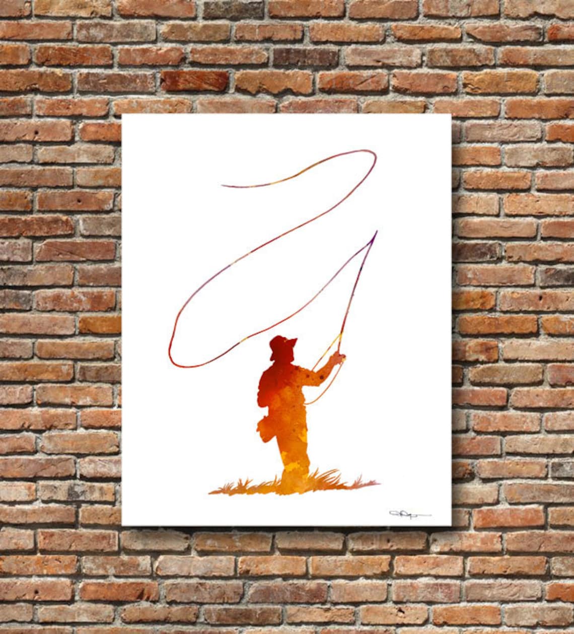 Orange Watercolor Fly Fisherman Casting Silhouette River Art Print
